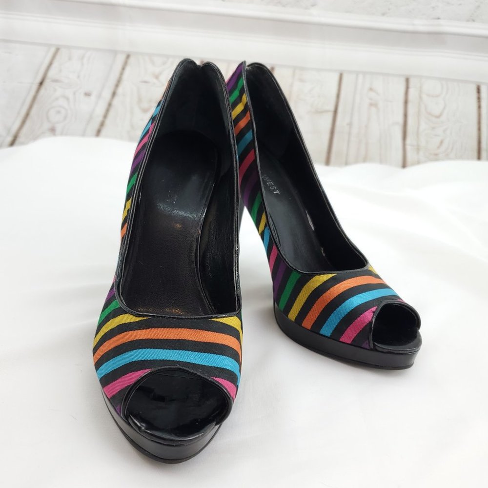 Nine West Womens Multicolor Striped Rainbow Peep Toe Pump Stiletto Heels…